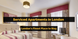 Blog banner reading 'Serviced apartments in London, London's finest place to stay', over a bedroom